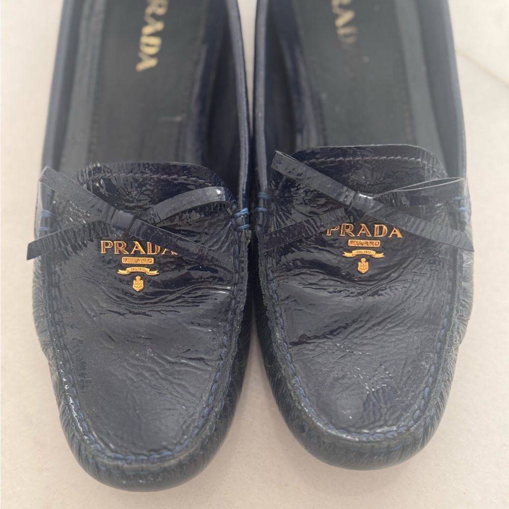Prada Navy Patent Leather Loafers